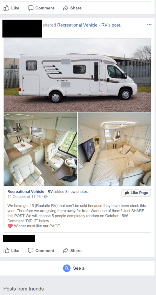 Post offering a free Recreational Vehicle!